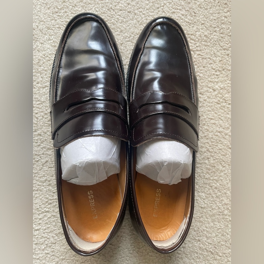 Express Men's Dark Burgundy Leather Penny Loafers